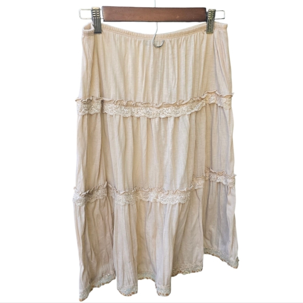 90s Y2k FANG Tan Tiered Lace Ruffled Sequined Boho Skirt - Picture 6 of 7